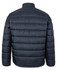 A puffer jacket in dark navy, featuring a quilted design and a high collar, with a logo on the back.