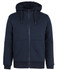 A navy blue full zip hoodie featuring a soft, lined hood and front pockets. It has a branding logo.