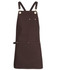 A dark brown canvas apron with brass eyelets and adjustable straps, featuring a front pocket and branding.