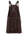 A brown canvas apron with brass eyelets and PU straps, featuring an adjustable crossback design and a side pocket.