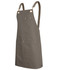 A khaki canvas apron with brass eyelets and a PU strap, featuring a front pocket and adjustable straps.
