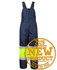 A navy and lime bib and brace with reflective tape, featuring adjustable straps and a logo. Safe wear for various environments.