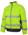 A bright yellow puffer jacket featuring reflective stripes and a black lower section. It has a logo on the front.