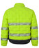 A bright lime green puffer jacket featuring reflective stripes, with a black bottom section and a visible logo.