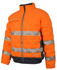 An orange puffer jacket with reflective strips and a black base, featuring a logo on the front.