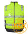 A bright yellow and black puffer vest with reflective strips and a logo. Suitable for work or outdoor activities.