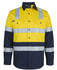 A long-sleeve safety shirt featuring reflective stripes in yellow and dark navy with a logo on the chest.