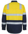 A long-sleeve safety shirt in yellow and navy blue with reflective strips and a logo.