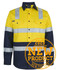 High-visibility long-sleeve shirt in yellow and navy, featuring reflective stripes and a logo.