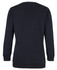A navy blue cardigan with long sleeves and a simple design, featuring a logo. Back view shown.
