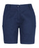 Navy multicoloured cargo shorts with multiple pockets and a button closure, featuring a logo.