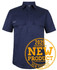 A navy short-sleeved work shirt with a close front design and two chest pockets, featuring a logo.