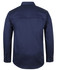 A back view of a navy long-sleeve work shirt featuring a button-up design and a logo.