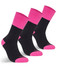 Three pairs of black work socks with pink tops are displayed together. Each sock features a branding logo.