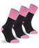 A pack of three ladies' work socks in black with pink accents. Features a logo on the socks.