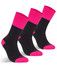 A pack of three black work socks featuring bright pink tops. Each sock has a logo on the side.