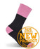 A black work sock with a pink cuff, featuring a logo, displayed upright.