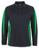 A black long-sleeve polo shirt featuring green side panels and a collar, with a logo on the chest.