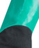 A close-up of a green nitrile chemical glove with a black underside, showcasing its glossy finish and design.