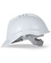 A white safety helmet featuring ventilation holes and an adjustable strap, part of a pack of ten.