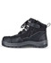 A black zip-up safety boot featuring laces and a rugged sole, designed for durability with a logo on the side.