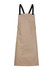 A beige bib apron with black straps, featuring a front pocket and a simple design.