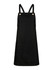 A black bib apron featuring adjustable straps and a front pocket. It has a logo on the side.