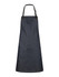A denim bib apron featuring a pocket and a black adjustable neck strap, with branding detail.