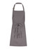 A grey bib apron featuring a waist tie and pocket, with an adjustable neck strap and branding.