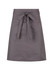 A grey waist apron with a tie-waste and a front pocket, featuring a logo on the fabric.