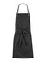 A black bib apron featuring a tie front and a front pocket, with a logo on the upper portion.
