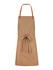 A tan bib apron with brown leather straps and a front pocket, featuring a simple design.