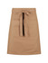 A brown waist apron featuring a tie at the waist and two front pockets. It has a simple design and includes branding.