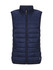 A navy puffer vest for ladies, featuring a zip front and a high collar, with a logo on the side.
