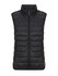 A black puffer vest for women featuring a high collar and zip front, with an attached logo.
