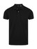 A black men's polo shirt with a collared neck and a logo on the chest.