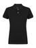 A black ladies' polo shirt featuring a collared design and button placket, with a branding logo.