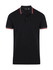 A black polo shirt with red and white striped details on the collar and sleeves, featuring a logo.