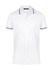 A white men's polo shirt featuring blue striped accents on the collar and sleeves, with a logo on the chest.