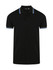 A black men's polo shirt featuring blue trim on the collar and sleeves, with a logo on the chest.