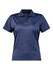 A navy blue ladies' polo shirt with a collar and three buttons, featuring a logo on the chest.