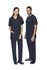 Unisex navy scrubs pants displayed on male and female models, featuring pockets and a simple design.