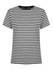A ladies' T-shirt featuring horizontal black and white stripes, with a crew neckline and short sleeves.