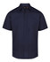 A navy blue short-sleeve button-up shirt with a collar and a logo on the label.