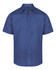 A blue short sleeve button-up shirt with a chest pocket and a logo on the collar.