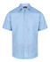 Light blue short sleeve button-up shirt featuring a pocket and a logo on the label.