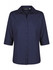 A navy blue ladies' button-up shirt with 3/4 sleeves and a collar, featuring a logo on the label.