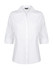 A white button-up shirt with 3/4 sleeves and a collar, featuring a logo.