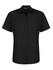 A black short sleeve button-up shirt featuring a collar and a logo.