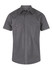 A grey short sleeve button-up shirt with two front pockets and a logo.